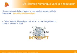 De l’identité numérique vers la e-reputation Le croisement de la stratégie et des médias sociaux utilisés représente :  Votre Identité Numérique Cette Identité Numérique doit être ce que l’organisation donne à voir sur le Web 