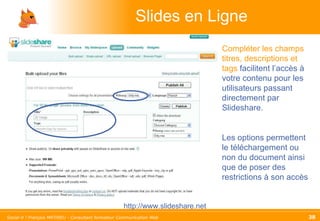 Slides en Ligne http://www.slideshare.net Compléter les champs titres, descriptions et tags  facilitent l’accès à votre contenu pour les utilisateurs passant directement par Slideshare. Les options permettent le téléchargement ou non du document ainsi que de poser des restrictions à son accès 