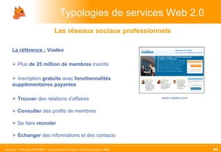 Les réseaux sociaux professionnels Typologies de services Web 2.0 La référence :  Viadeo Plus  de 25 million de membres  inscrits Inscription  gratuite  avec  fonctionnalités supplémentaires payantes Trouver  des relations d’affaires Consulter  des profils de membres Se faire  recruter Echanger  des informations et des contacts www.viadeo.com 