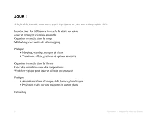 JOUR 1
A la ﬁn de la journée, vous aurez appris à préparer et créer une scénographie vidéo.
Introduction : les différentes formes de la vidéo sur scène
Jouer et mélanger les media ensemble
Organiser les media dans le temps
Méthodologies et outils de videomapping
Pratique
‣ Mapping, warping, masques et slices
‣ Transitions, effets, gradients et options avancées
Organiser les media dans la librarie
Créer des animations avec des compositions
Workﬂow typique pour créer et diffuser un spectacle
Pratique
‣ Animations à base d’images et de formes géométriques
‣ Projection vidéo sur une maquette en carton plume
Debrieﬁng

2!

Formation - Intégrer la Vidéo sur Scène

 