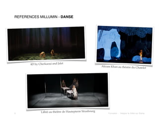 REFERENCES MILLUMIN - DANSE

4D by Cherkaoui and Jalet

Akram Khan au théatre du Chate

let

6!

Lähtö au théâtre de Hautepierre Strasbourg

Formation - Intégrer la Vidéo sur Scène

 