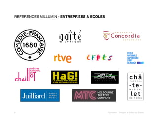 REFERENCES MILLUMIN - ENTREPRISES & ECOLES

8!

Formation - Intégrer la Vidéo sur Scène

 