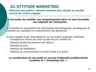 2/L’ATTITUDE MARKETING
Influencer ses publics : élément essentiel pour aboutir au résultat
concret de l’action engagée
C’est tenter de modifier ses comportements dans un sens favorable
aux objectifs de l’entreprise.
1/ Connaître et comprendre les mécanismes psychologiques, sociologiques et
culturels qui expliquent le comportement des personnes
2/ Etre capable d’agir favorablement sur les publics auxquels s’intéresse
l’entreprise à travers les choix qu’elle fera en matière de :
- Politique produit (proposition de valeur),
- Politique de prix,
- Politique de distribution
- Politique de communication et outils d’aide à la vente.
La combinaison de ces outils au service d’objectifs prédéterminés
constitue le « marketing-mix ».
10
 