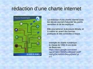 rédaction d’une charte internet
La rédaction d’une charte internet avec
les élèves permet d’aborder les points
sensibles et de les expliquer.
Elle peut amener à plusieurs débats, et
à mettre en avant des bonnes
pratiques et des conduites à risque.
exemple de charte numérique :
la classe de CM2 d’une école
de Beauvais.
https://docs.google.com/drawi
ngs/d/1jBIX18SNRznB4qQtl1ns4P
cstPgOvLARflXI-D4a-pQ/edit?pl
i=1
 