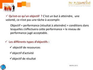  Qu’est-ce qu’un objectif ? C’est un but à atteindre, une
volonté, ce n’est pas une tâche à accomplir.

Objectif = performance (résultat à atteindre) + conditions dans
lesquelles s’effectuera cette performance + le niveau de
performance jugé acceptable.
 Les différents types d’objectifs :
 objectif de ressources
objectif d’activité

objectif de résultat
MOPA 2013

 