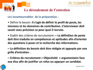 Le déroulement de l’entretien
Les incontournables de la préparation :

• Définir le besoin :Il s’agit de définir le profil de poste, les
missions et les domaines de contribution. L’interviewer doit
savoir avec précision ce pour quoi il recrute.
• Etablir des critères de recrutement :– La définition de poste
doit être traduite en compétences et aptitudes afin d’orienter
des questions à poser et la recherche des informations.

– La définition du besoin doit être rédigée et appuyée par une
grille d’entretien .
– Critères de recrutement = Objectivité + argumentaire face
aux élus afin de justifier un refus ou appuyer un candidat.
MOPA 2013

 