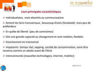 Leurs principales caractéristiques
 Individualistes, mais attachés au communautaire
 Aiment les liens transversaux , beaucoup d’amis (facebook) mais peu de
profondeur
 En quête de liberté (peu de contraintes)

 Ont une grande capacité au changement et sont mobiles, flexibles
 Fonctionnent en transversal
 Impatients (temps réel, zapping, société de consommation, voire être
reconnu comme un adulte avant de l’être)
 Interconnectés (nouvelles technologies, internet, mobiles)

MOPA 2013

 