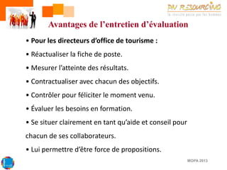 Avantages de l’entretien d’évaluation
• Pour les directeurs d’office de tourisme :

• Réactualiser la fiche de poste.
• Mesurer l’atteinte des résultats.

• Contractualiser avec chacun des objectifs.
• Contrôler pour féliciter le moment venu.
• Évaluer les besoins en formation.

• Se situer clairement en tant qu’aide et conseil pour
chacun de ses collaborateurs.
• Lui permettre d’être force de propositions.
MOPA 2013

 