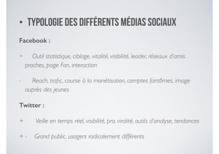 • Typologie des différents MÉDIAS sociaux
Facebook :
+ Outil statistique, ciblage, vitalité, visibilité, leader, réseaux d’amis
proches, page Fan, interaction	

- Reach, traﬁc, course à la monétisation, comptes fantômes, image
auprès des jeunes	

Twitter :
+ Veille en temps réel, visibilité, pro, viralité, outils d’analyse, tendances	

+ - Grand public, usagers radicalement différents
 