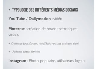 • Typologie des différents MÉDIAS sociaux
You Tube / Dailymotion : vidéo	

Pinterest : création de board thématiques
visuels	

+ Croissance forte, Contenu visuel,Traﬁc vers sites extérieurs élevé	

+ - Audience surtout féminine	

Instagram : Photo, populaire, utilisateurs loyaux
 