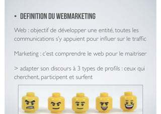 • Definition du Webmarketing
Web : objectif de développer une entité, toutes les
communications s’y appuient pour inﬂuer sur le trafﬁc	

Marketing : c’est comprendre le web pour le maitriser	

> adapter son discours à 3 types de proﬁls : ceux qui
cherchent, participent et surfent	

 