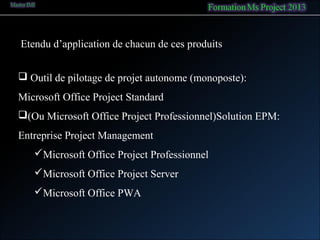 Etendu d’application de chacun de ces produits
 Outil de pilotage de projet autonome (monoposte):
Microsoft Office Project Standard
(Ou Microsoft Office Project Professionnel)Solution EPM:
Entreprise Project Management
Microsoft Office Project Professionnel
Microsoft Office Project Server
Microsoft Office PWA
 