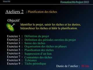 Ateliers 2
Objectif
: Planification des tâches
Identifier le projet, saisir les tâches et les durées,
hiérarchiser les tâches et bâtir la planification.
Exercice 1 : Définition du projet
Exercice 2 : Définition des périodes ouvrées du projet
Durée de l’atelier : 90 mn
Exercice 4 : Organisation des tâches en phases
Exercice 5 : Planification des tâches
Exercice 3 : Saisie des tâches
Exercice 6 : Suppression d’un lien
Exercice 7 : Contraintes des tâches
Exercice 8 : Echéance
Exercice 9 : Tâche périodique
 
