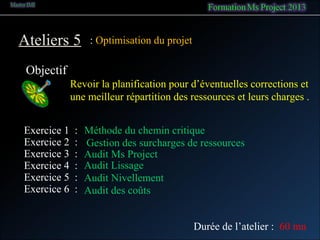 Ateliers 5
Objectif
: Optimisation du projet
Revoir la planification pour d’éventuelles corrections et
une meilleur répartition des ressources et leurs charges .
Exercice 1 : Méthode du chemin critique
Exercice 2 : Gestion des surcharges de ressources
Durée de l’atelier : 60 mn
Exercice 4 : Audit Lissage
Exercice 5 : Audit Nivellement
Exercice 3 : Audit Ms Project
Exercice 6 : Audit des coûts
 