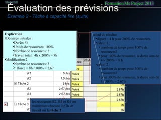 Évaluation des prévisions
Exemple 2 - Tâche à capacité fixe (suite)
les ressources R2, R3 et R4 ont
maintenant chacune 2,67h de
travail sur la tâche 2
calcul du résultat
•départ : 4 h pour 200% de ressources
•calcul 1 :
•combien de temps pour 100% de
ressources?
•pour 100% de ressource, la durée sera de
4 × 200% = 8 h
•calcul 2 :
•combien de temps pour 300% de
ressources?
•pour 300% de ressource, la durée sera de
8 / 300% = 2.67 h
Explication
•Données initiales :
•Durée: 4h
•Unités de ressources: 100%
•Nombre de ressources: 2
•Travail total: 4h x 200% = 8h
•Modification 2
•Nombre de ressources: 3
 Durée = 8h / 300% = 2,67
 