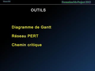 Diagramme de Gantt
Réseau PERT
Chemin critique
OUTILS
 