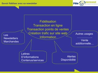 Fidélisation Transaction en ligne Transaction points de ventes Création trafic sur site web Information Les Newsletters Marchandes Autres usages  …………… .. Vente additionnelle… Lettres  D’informations Contenus/services Alertes Disponibilité 