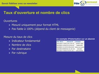 Taux d’ouverture et nombre de clics Ouvertures Mesuré uniquement pour format HTML Pas fiable à 100% (dépend du client de messagerie) Mesure du taux de clics Indicateur fondamental Nombre de clics Par destinataire Par rubrique Un exemple d'historisation sur un abonné 
