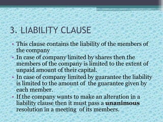 Contract Liability Clause Examples MOA in company law ppt by shruti | PPTX