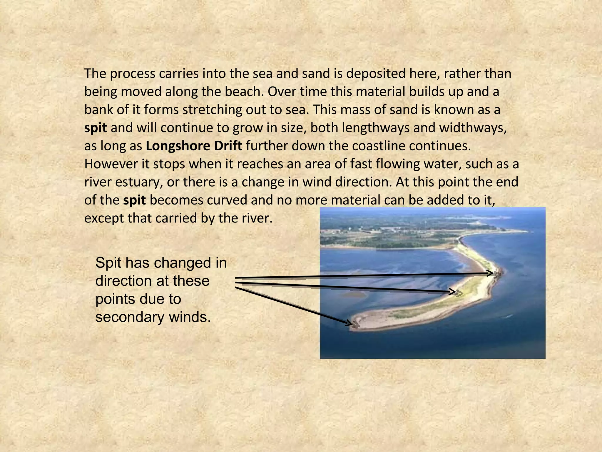 The process carries into the sea and sand is deposited here, rather than being moved along the beach. Over time this material builds up and a bank of it forms stretching out to sea. This mass of sand is known as a  spit  and will continue to grow in size, both lengthways and widthways, as long as  Longshore Drift  further down the coastline continues. However it stops when it reaches an area of fast flowing water, such as a river estuary, or there is a change in wind direction. At this point the end of the  spit  becomes curved and no more material can be added to it, except that carried by the river. Spit has changed in direction at these points due to secondary winds. 
