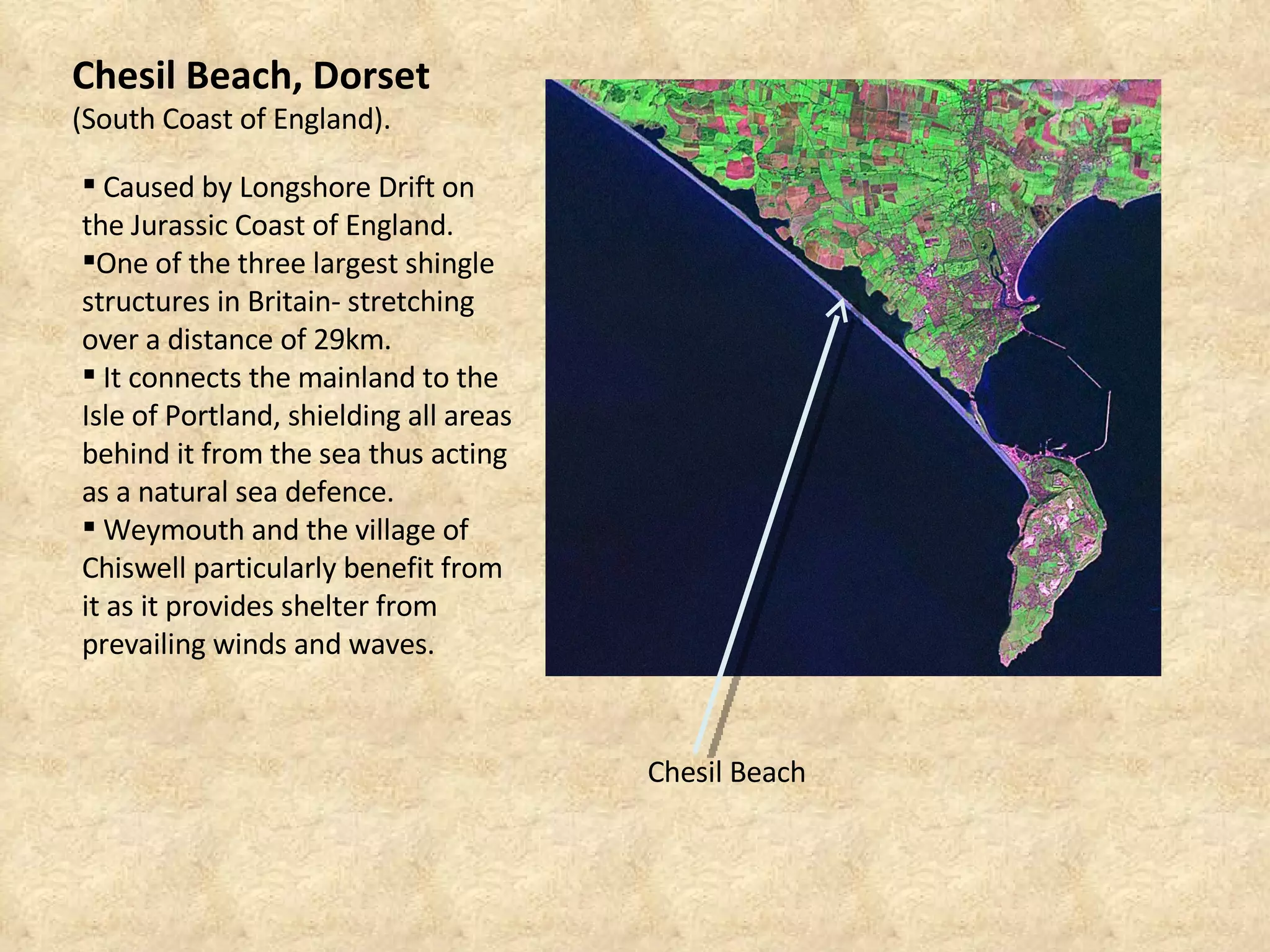 Chesil Beach, Dorset  (South Coast of England). Caused by Longshore Drift on the Jurassic Coast of England. One of the three largest shingle structures in Britain- stretching over a distance of 29km. It connects the mainland to the Isle of Portland, shielding all areas behind it from the sea thus acting as a natural sea defence. Weymouth and the village of Chiswell particularly benefit from it as it provides shelter from prevailing winds and waves. Chesil Beach 