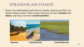 STRAND-PLAIN COASTS
• Some wave-dominated coasts do not contain estuaries and have no
barrier island system. These coasts, however, do have beaches and
dunes, and may even have coastal marshes.
32
Beaches Coastal Dunes Coastal Marshes
 