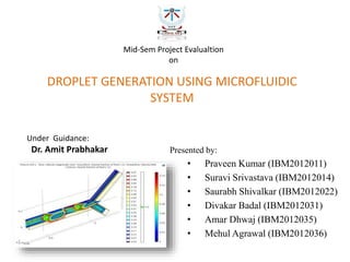 DROPLET GENERATION USING MICROFLUIDIC
SYSTEM
Presented by:
• Praveen Kumar (IBM2012011)
• Suravi Srivastava (IBM2012014)
• Saurabh Shivalkar (IBM2012022)
• Divakar Badal (IBM2012031)
• Amar Dhwaj (IBM2012035)
• Mehul Agrawal (IBM2012036)
Under Guidance:
Dr. Amit Prabhakar
Mid-Sem Project Evalualtion
on
 
