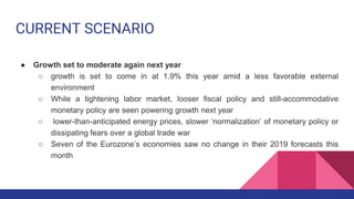 CURRENT SCENARIO
● Growth set to moderate again next year
○ growth is set to come in at 1.9% this year amid a less favorable external
environment
○ While a tightening labor market, looser fiscal policy and still-accommodative
monetary policy are seen powering growth next year
○ lower-than-anticipated energy prices, slower ‘normalization’ of monetary policy or
dissipating fears over a global trade war
○ Seven of the Eurozone’s economies saw no change in their 2019 forecasts this
month
 