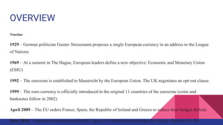 OVERVIEW
Timeline
1929 – German politician Gustav Stresemann proposes a single European currency in an address to the League
of Nations
1969 – At a summit in The Hague, European leaders define a new objective: Economic and Monetary Union
(EMU)
1992 – The eurozone is established in Maastricht by the European Union. The UK negotiates an opt-out clause.
1999 – The euro currency is officially introduced in the original 11 countries of the eurozone (coins and
banknotes follow in 2002)
April 2009 – The EU orders France, Spain, the Republic of Ireland and Greece to reduce their budget deficits
May 2010 – Eurozone countries and the IMF agree a €110bn bailout package for Greece. Bailouts for the
 