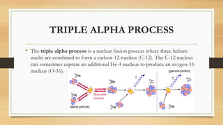TRIPLE ALPHA PROCESS
• The triple alpha process is a nuclear fusion process where three helium
nuclei are combined to form a carbon-12 nucleus (C-12). The C-12 nucleus
can sometimes capture an additional He-4 nucleus to produce an oxygen-16
nucleus (O-16).
 