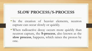 SLOW PROCESS/S-PROCESS
• In the creation of heavier elements, neutron
capture can occur slowly or quickly.
• When radioactive decay occurs more quickly than
neutron capture, the S-process, also known as the
slow process, happens, which raises the proton by
one.
 