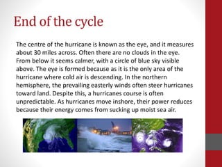 End of the cycle
The centre of the hurricane is known as the eye, and it measures
about 30 miles across. Often there are no clouds in the eye.
From below it seems calmer, with a circle of blue sky visible
above. The eye is formed because as it is the only area of the
hurricane where cold air is descending. In the northern
hemisphere, the prevailing easterly winds often steer hurricanes
toward land. Despite this, a hurricanes course is often
unpredictable. As hurricanes move inshore, their power reduces
because their energy comes from sucking up moist sea air.
 