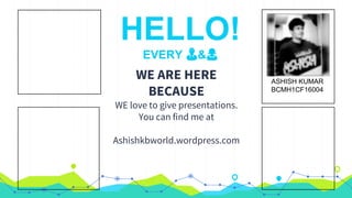 HELLO!
EVERY 👨&👩
WE ARE HERE
BECAUSE
WE love to give presentations.
You can find me at
Ashishkbworld.wordpress.com
ASHISH KUMAR
BCMH1CF16004
 