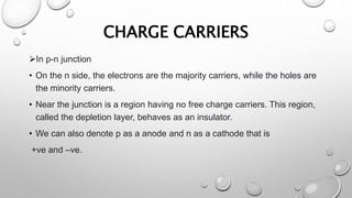 CHARGE CARRIERS
In p-n junction
• On the n side, the electrons are the majority carriers, while the holes are
the minority carriers.
• Near the junction is a region having no free charge carriers. This region,
called the depletion layer, behaves as an insulator.
• We can also denote p as a anode and n as a cathode that is
+ve and –ve.
 
