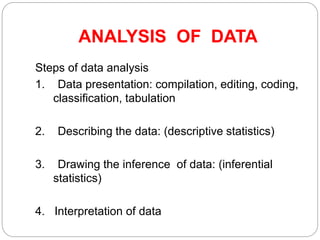 ANALYSIS OF DATA
Steps of data analysis
1. Data presentation: compilation, editing, coding,
classification, tabulation
2. Describing the data: (descriptive statistics)
3. Drawing the inference of data: (inferential
statistics)
4. Interpretation of data
 
