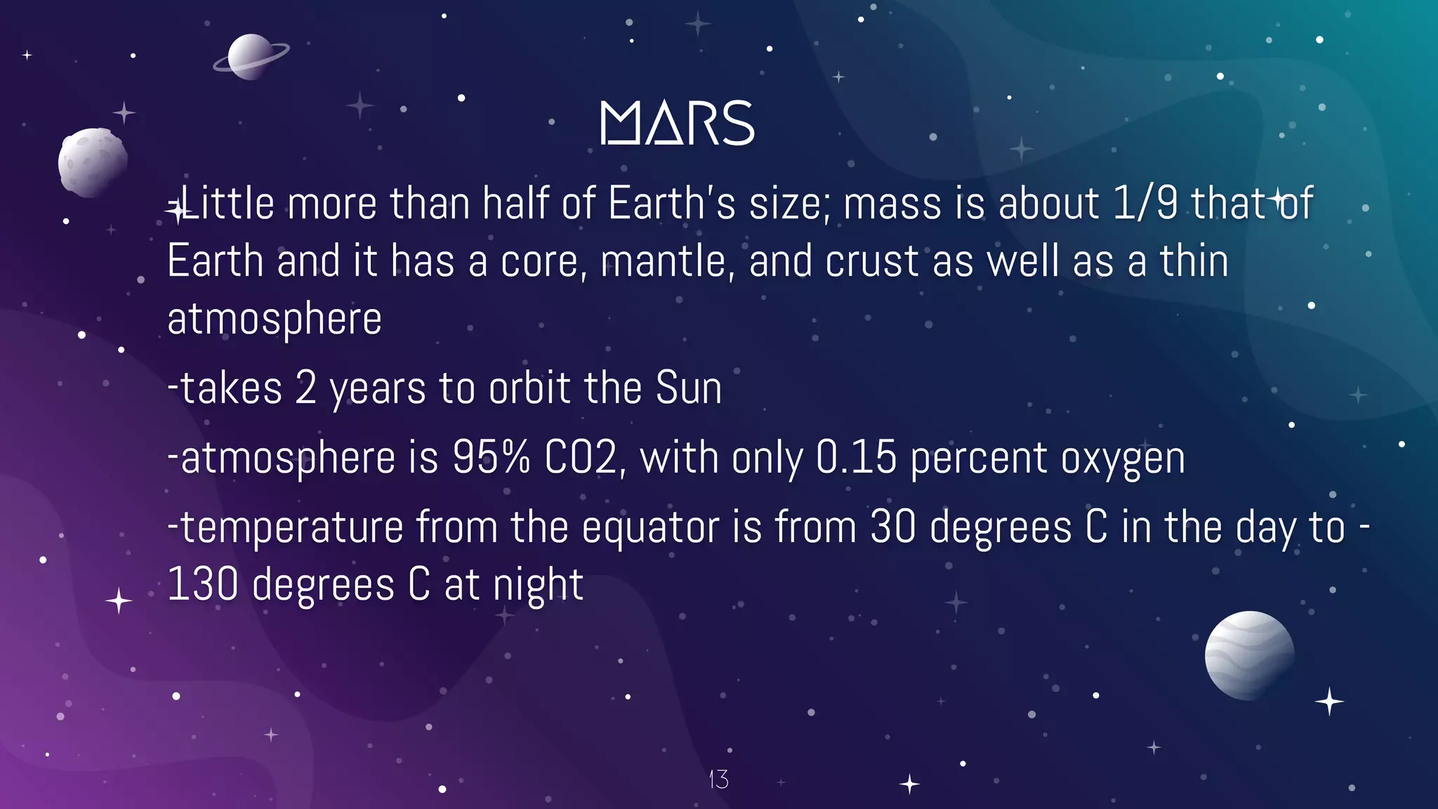 mars
-Little more than half of Earth’s size; mass is about 1/9 that of
Earth and it has a core, mantle, and crust as well as a thin
atmosphere
-takes 2 years to orbit the Sun
-atmosphere is 95% CO2, with only 0.15 percent oxygen
-temperature from the equator is from 30 degrees C in the day to -
130 degrees C at night
13
 