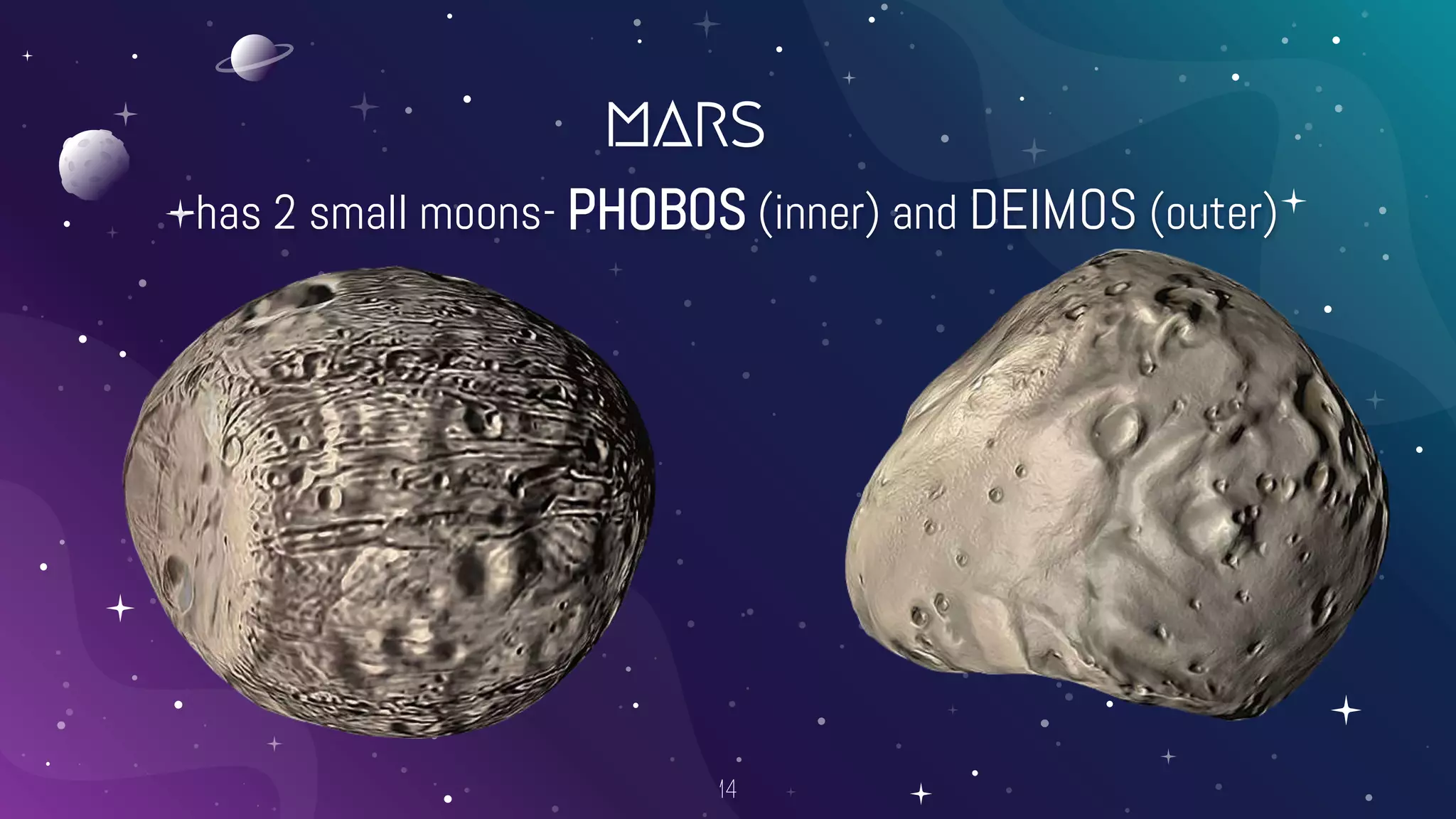 mars
--has 2 small moons- PHOBOS (inner) and DEIMOS (outer)
14
 