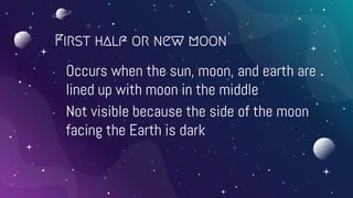 First half or new moon
- Occurs when the sun, moon, and earth are
lined up with moon in the middle
- Not visible because the side of the moon
facing the Earth is dark
 