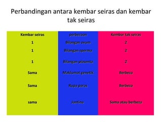 Kembar seirasKembar seiras perbezaanperbezaan Kembar tak seirasKembar tak seiras
11 Bilangan ovumBilangan ovum 22
11 Bilangan spermaBilangan sperma 22
11 Bilangan plasentaBilangan plasenta 22
SamaSama Maklumat genetikMaklumat genetik BerbezaBerbeza
SamaSama Rupa parasRupa paras BerbezaBerbeza
samasama JantinaJantina Sama atau berbezaSama atau berbeza
Perbandingan antara kembar seiras dan kembar
tak seiras
 