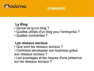SOMMAIRE



 Le Blog
● Qu'est ce qu'un blog ?

● Quelles utilités d'un blog pour l'entreprise ?

● Quelles contraintes ?




 Les réseaux sociaux
● Que sont les réseaux sociaux ?

● Comment développer son business grâce

aux réseaux sociaux ?
● Les avantages et les risques d'une présence

sur les réseaux sociaux ?
 