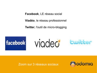 Facebook, LE réseau social

    Viadéo, le réseau professionnel

    Twitter, l'outil de micro-blogging




Zoom sur 3 réseaux sociaux
 