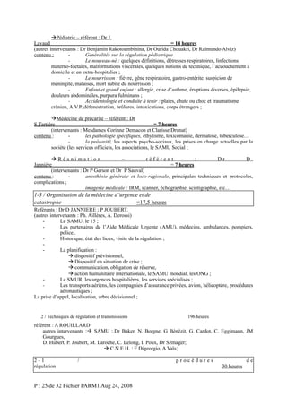 Pédiatrie – référent : Dr J.
Lavaud
= 14 heures
(autres intervenants : Dr Benjamin Rakotoambinina, Dr Ourida Chouakri, Dr Raimundo Alviz)
contenu :
Généralités sur la régulation pédiatrique
Le nouveau-né : quelques définitions, détresses respiratoires, linfections
materno-foetales, malformations viscérales, quelques notions de technique, l’accouchement à
domicile et en extra-hospitalier ;
Le nourrisson : fièvre, gêne respiratoire, gastro-entérite, suspicion de
méningite, malaises, mort subite du nourrisson ;
Enfant et grand enfant : allergie, crise d’asthme, éruptions diverses, épilepsie,
douleurs abdominales, purpura fulminans ;
Accidentologie et conduite à tenir : plaies, chute ou choc et traumatisme
crânien, A.V.P.,défenestration, brûlures, intoxications, corps étrangers ;
Médecine de précarité – référent : Dr
S.Tartière
= 7 heures
(intervenants : Mesdames Corinne Demacon et Clarisse Drunat)
contenu :
les pathologie spécifiques, éthylisme, toxicomanie, dermatose, tuberculose…
la précarité, les aspects psycho-sociaux, les prises en charge actuelles par la
société (les services officiels, les associations, le SAMU Social ;
Réanimation
–
référent
:
Dr
D.
Jannière
= 7 heures
(intervenants : Dr P Gerson et Dr P Sauval)
contenu :
anesthésie générale et loco-régionale, principales techniques et protocoles,
complications ;
imagerie médicale : IRM, scanner, échographie, scintigraphie, etc…

1-3 / Organisation de la médecine d’urgence et de
catastrophe
=17,5 heures
Référents : Dr D JANNIERE ; P JOUBERT.
(autres intervenants : Ph. Aillères, A. Derossi)
Le SAMU, le 15 ;
Les partenaires de l’Aide Médicale Urgente (AMU), médecins, ambulances, pompiers,
police..
Historique, état des lieux, visite de la régulation ;
La planification :
 dispositif prévisionnel,
 Dispositif en situation de crise ;
 communication, obligation de réserve,
 action humanitaire internationale, le SAMU mondial, les ONG ;
Le SMUR, les urgences hospitalières, les services spécialisés ;
Les transports aériens, les compagnies d’assurance privées, avion, hélicoptère, procédures
aéronautiques ;
La prise d’appel, localisation, arbre décisionnel ;

2 / Techniques de régulation et transmissions

196 heures

référent : A ROUILLARD
autres intervenants : SAMU :.Dr Baker, N. Borgne, G Bénézit, G. Cardot, C. Eggimann, JM
Gourgues,
D. Hubert, P. Joubert, M. Laroche, C. Lelong, I. Poux, Dr Szmager;
 C.N.E.H. : F Digeorgio, A Vaïs;
2-1
régulation

/

P : 25 de 32 Fichier PARM1 Aug 24, 2008

procédures

30 heures

de

 