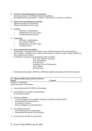 

-

Formation et développement de la personnalité :
structure psychique : les différentes instances psychiques ;
développement de la personnalité : l’enfance, l’adolescence, la maturité, la vieillesse ;
relation entre psychologique et somatique :
influence du corps sur le psychisme,
influence du psychisme sur le corps ;

 Le stress
Définition ; manifestations ;
Stratégies pour soi, pour l’autre ;
L’épuisement professionnel ;
 L’agressivité
Définition , manifestations ;
Les conflits à l’hôpital ;
Stratégies pour soi, pour l’autre ;
Conduites à tenir ;
 De la communication à la relation :
- communiquer : la communication verbale et non verbale (mécanisme de la communication) ;
- être en relation : différence entre relation professionnelle et relation sociale, attitudes facilitant la
mise en place d’une relation ;
- les différentes techniques de communication dans la relation :
 le reflet simple ou réitération,
 la reformulation,
 la spécificité,
 partage d’avis et d’information,
 la synthèse,
les questions ;
-

la dynamique des groupes : définitions, différentes catégories de groupes, évolution d’un groupe ;

3-2 / Responsabilité professionnelle et Droit du
travail :
Référent : Ch. ROGER
(autre intervenant : A Rouillard)

21 heures

 statut professionnel du P.A.R.M. et déontologie ;
 responsabilité civile, pénale et administrative ;
le secret professionnel ;
 la fonction publique :
- la notion d’agent de service public (contractuel, auxiliaire et fonctionnaire) ;
- statut législatif des fonctionnaires ;
- recrutement et carrière ;
- droits et obligations des fonctionnaires ;
 les conditions de travail :
- durée hebdomadaire et congés payés ;
- rémunération des salariés et fiche de paye ;
 le contrat de travail dans le secteur privé ;

P : 30 de 32 Fichier PARM1 Aug 24, 2008

 