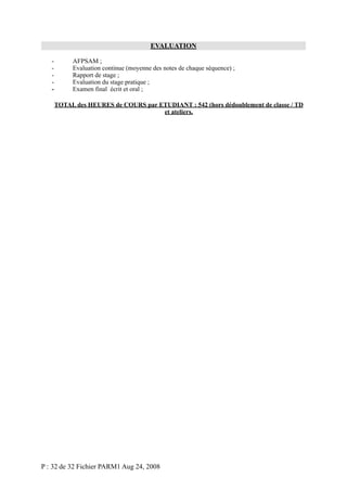 EVALUATION
-

AFPSAM ;
Evaluation continue (moyenne des notes de chaque séquence) ;
Rapport de stage ;
Evaluation du stage pratique ;
Examen final écrit et oral ;
TOTAL des HEURES de COURS par ETUDIANT : 542 (hors dédoublement de classe / TD
et ateliers.

P : 32 de 32 Fichier PARM1 Aug 24, 2008

 
