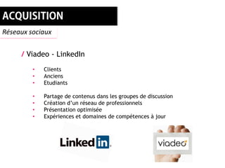 Réseaux sociaux


     / Viadeo - LinkedIn
         •   Clients
         •   Anciens
         •   Etudiants

         •   Partage de contenus dans les groupes de discussion
         •   Création d’un réseau de professionnels
         •   Présentation optimisée
         •   Expériences et domaines de compétences à jour
 