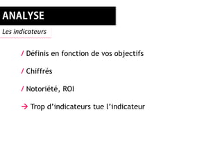 Les indicateurs


      / Définis en fonction de vos objectifs

      / Chiffrés

      / Notoriété, ROI

       Trop d’indicateurs tue l’indicateur
 