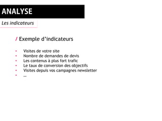 Les indicateurs


      / Exemple d’indicateurs

      •   Visites de votre site
      •   Nombre de demandes de devis
      •   Les contenus à plus fort trafic
      •   Le taux de conversion des objectifs
      •   Visites depuis vos campagnes newsletter
      •   …
 