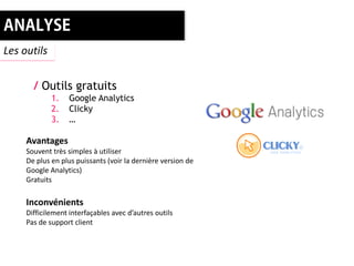 Les outils


       / Outils gratuits
             1.    Google Analytics
             2.    Clicky
             3.    …

     Avantages
     Souvent très simples à utiliser
     De plus en plus puissants (voir la dernière version de
     Google Analytics)
     Gratuits

     Inconvénients
     Difficilement interfaçables avec d’autres outils
     Pas de support client
 