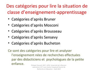 Des catégories pour lire la situation de
classe d’enseignement-apprentissage
• Catégories d’après Bruner
• Catégories d’après Mosconi
• Catégories d’après Brousseau
• Catégories d’après Sensevy
• Catégories d’après Bucheton
Ce sont des catégories pour lire et analyser
l’enseignement nées de recherches effectuées
par des didacticiens et psychologues de la petite
enfance. Philippe Clauzard, MCF IUFM Université de la Réunion
Laboratoire LCF I-care Institut Coopératif Austral de
Recherche en Education – Août 2013
 