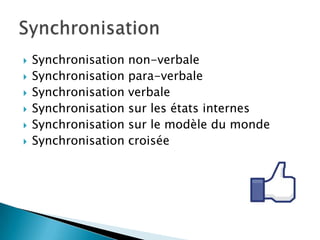    Synchronisation   non-verbale
   Synchronisation   para-verbale
   Synchronisation   verbale
   Synchronisation   sur les états internes
   Synchronisation   sur le modèle du monde
   Synchronisation   croisée
 